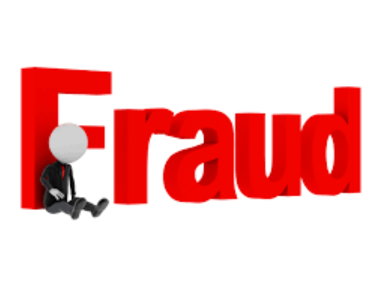 Fraud spelled out in red letters with small cartoon man sitting on the ground, leaning against the letter F.