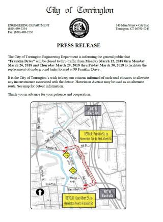 Franklin Drive to be closed to Thru Traffic 3/12-3/26  