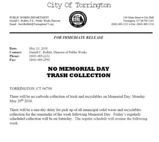 There will be no trash collection on Monday, May 29th.  Trash pickup will be delayed by one day that week.  