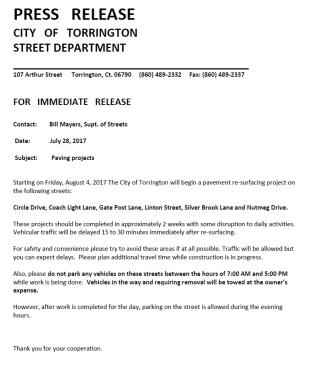 Street Paving Press Release